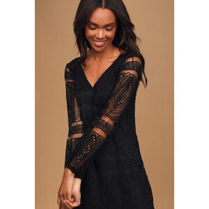 Lulus Til The End Of Time Black Lace Long Sleeve Mini Shift Dress - Size XS